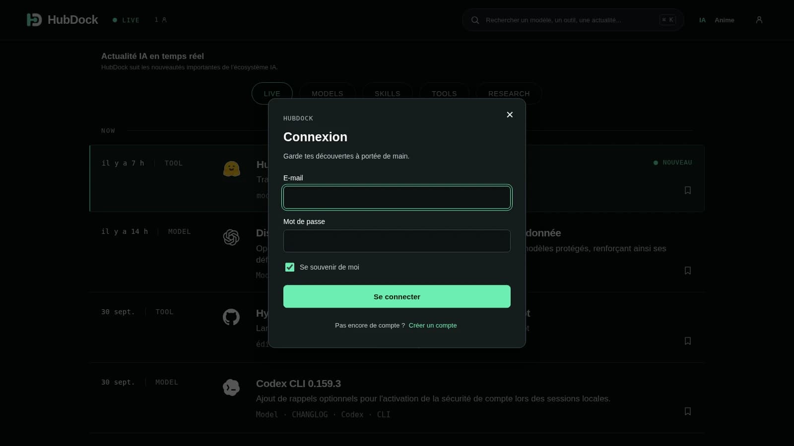 Formulaire de connexion HubDock par e-mail et mot de passe, sans données personnelles.
