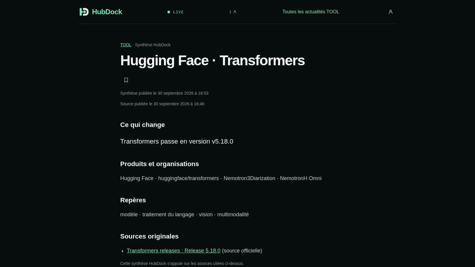 Fiche Hugging Face Transformers présentant la synthèse de la release et sa source officielle.