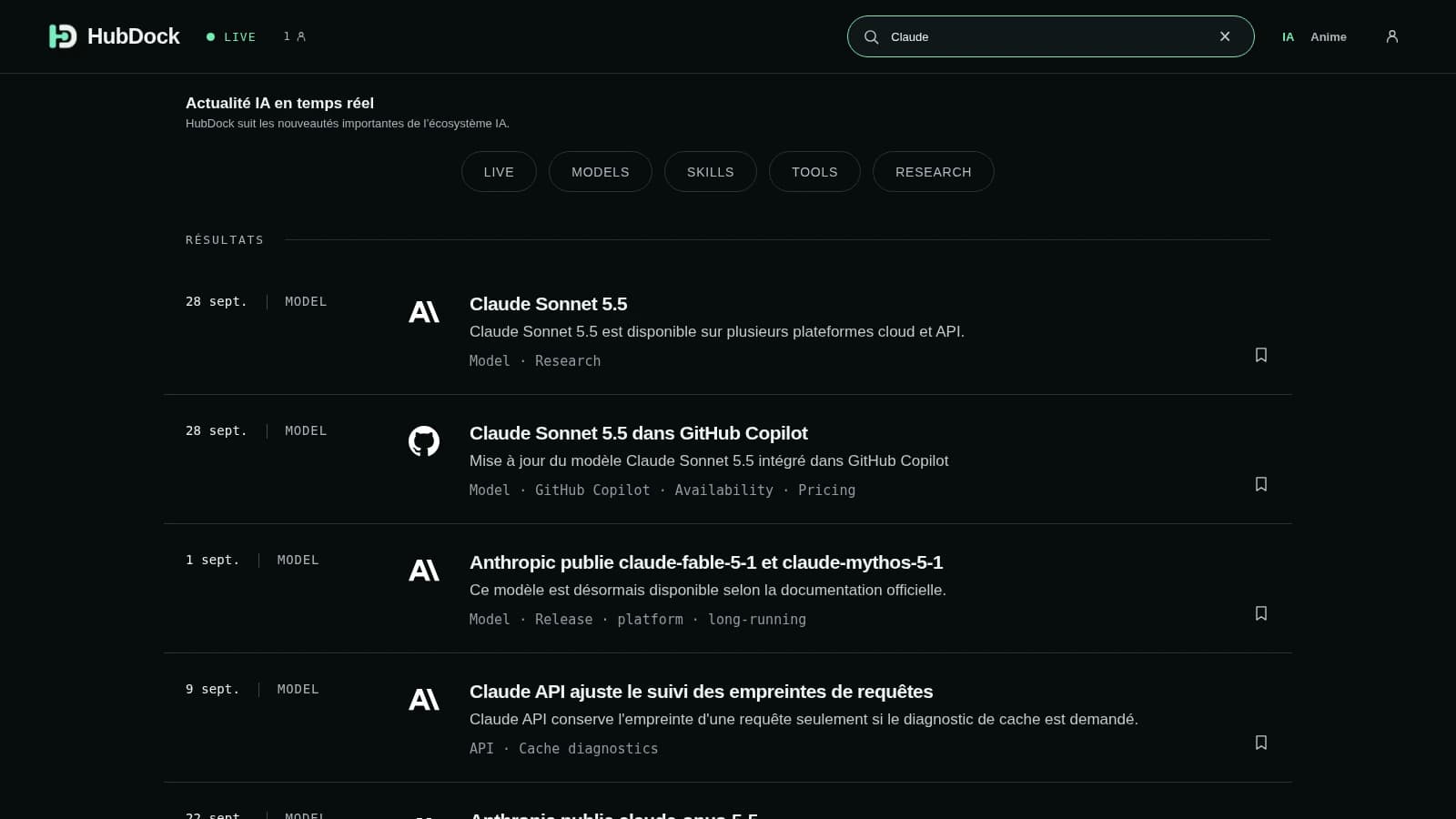 Résultats réels de la recherche Claude dans le flux IA de HubDock.