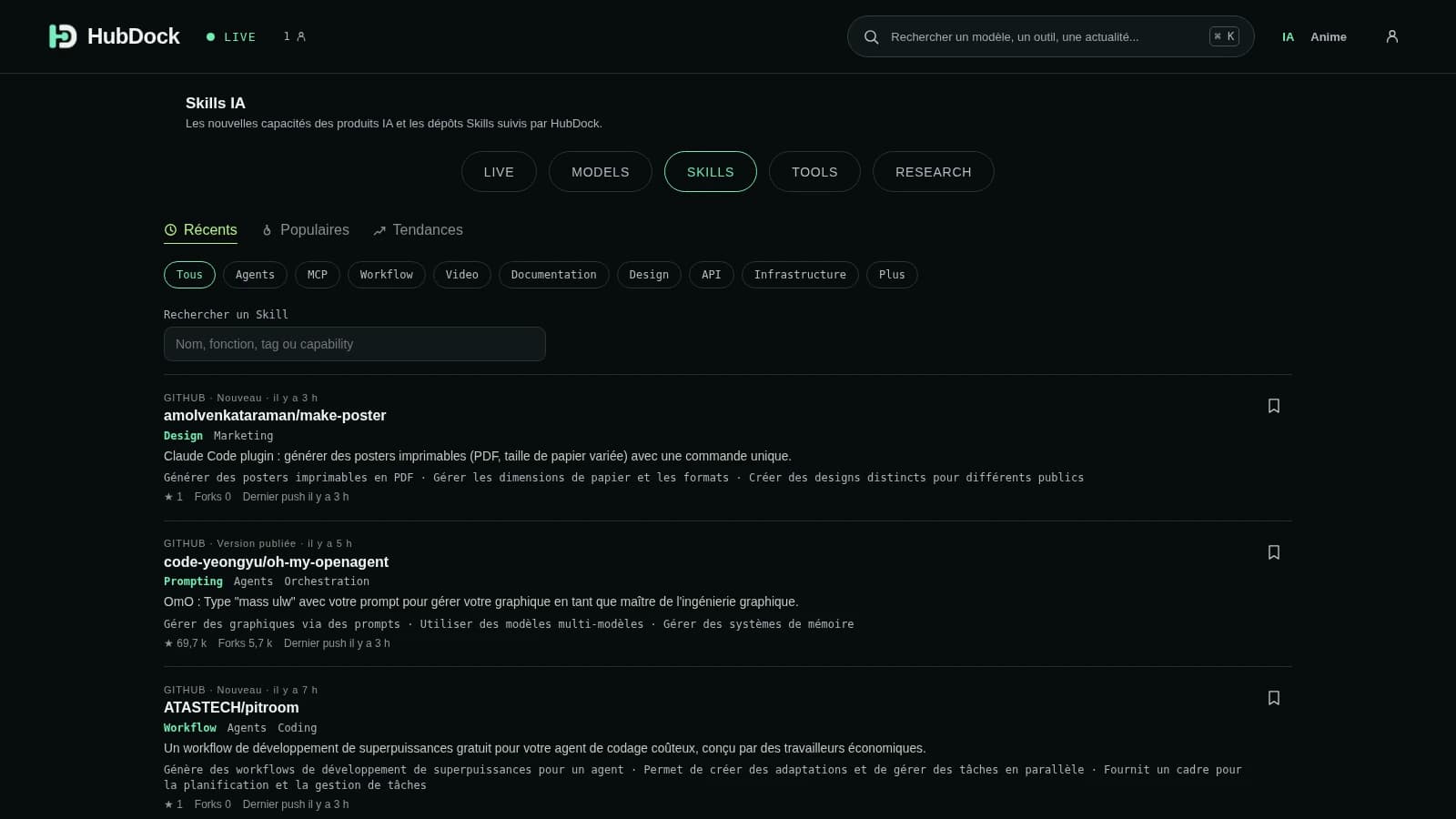Catalogue de skills GitHub, filtres par usage et vues récentes, populaires et tendances.