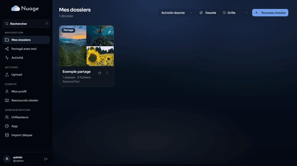 Interface principale affichant la gestion des dossiers et fichiers avec aperçu des contenus partagés et navigation latérale.