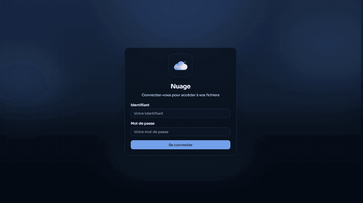 Écran de connexion avec champs identifiant et mot de passe sur une interface sombre minimaliste.