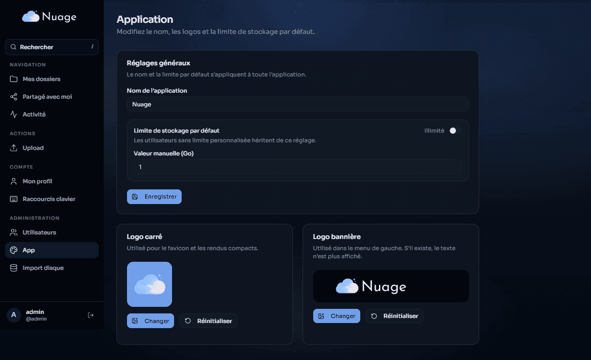 Interface d’administration permettant de modifier le nom du service, la limite de stockage par défaut et les logos utilisés dans l’interface.