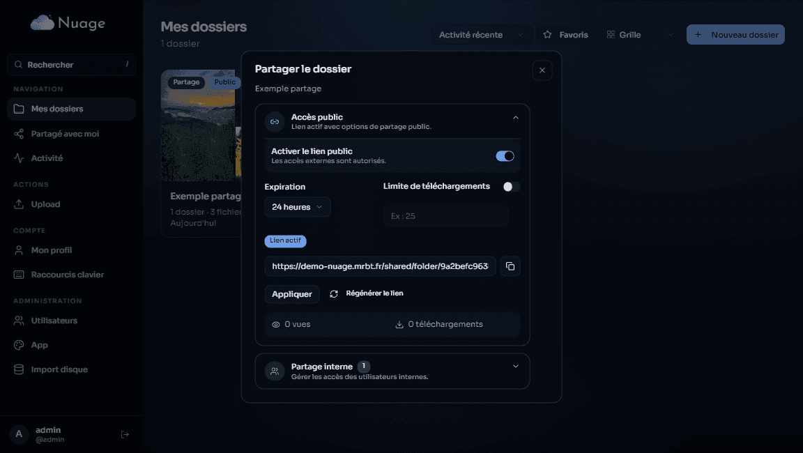 Interface de partage permettant d’activer un lien public, définir une expiration, limiter les téléchargements et gérer les accès internes.