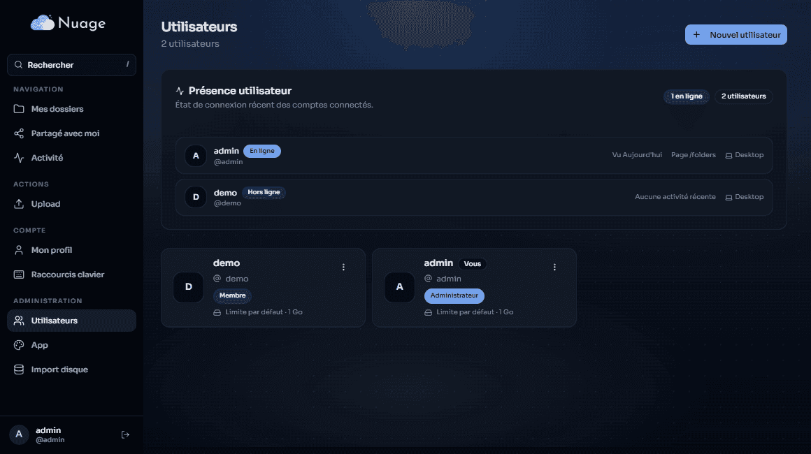 Interface d’administration affichant la liste des utilisateurs, leur statut de connexion et leurs rôles avec possibilité d’ajouter de nouveaux comptes.
