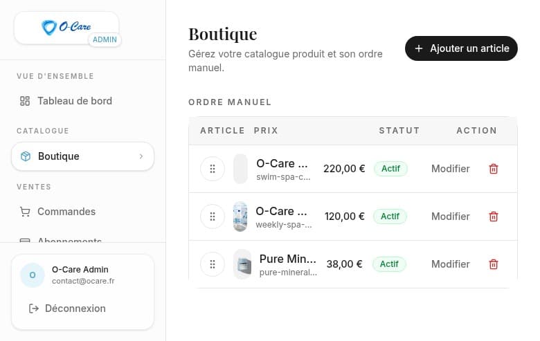 Back-office O’Care affichant la gestion des produits du catalogue.
