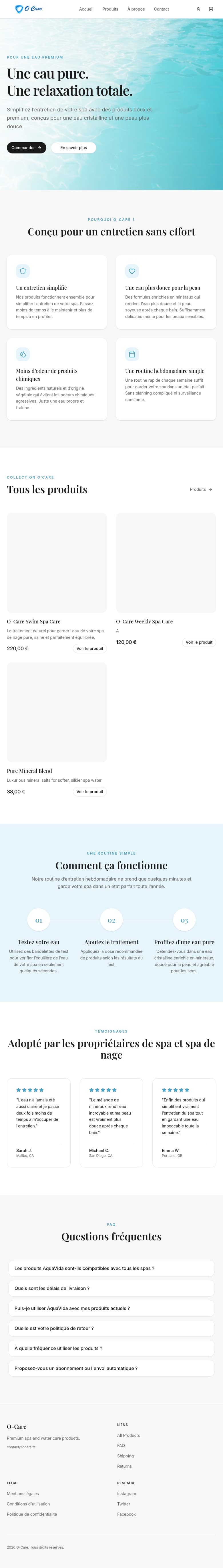 Page d’accueil responsive de la boutique O’Care présentant les produits et leur usage.