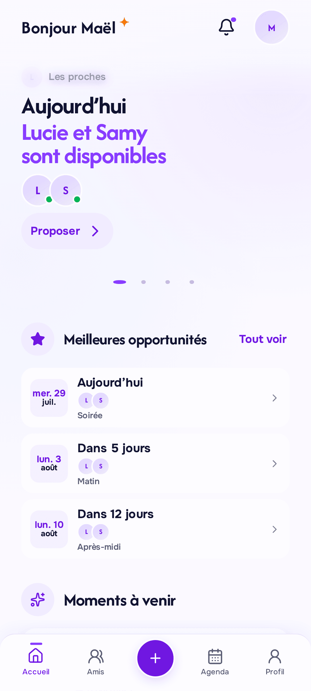 Accueil Vibe affichant les proches disponibles et les meilleures occasions.