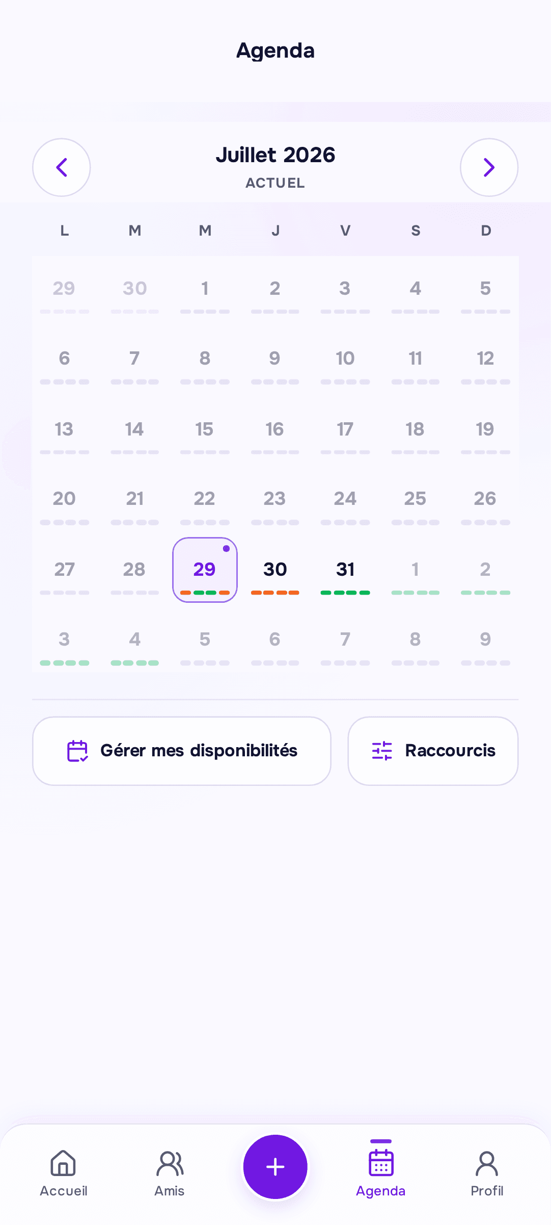 Agenda mensuel Vibe montrant les disponibilités par période.