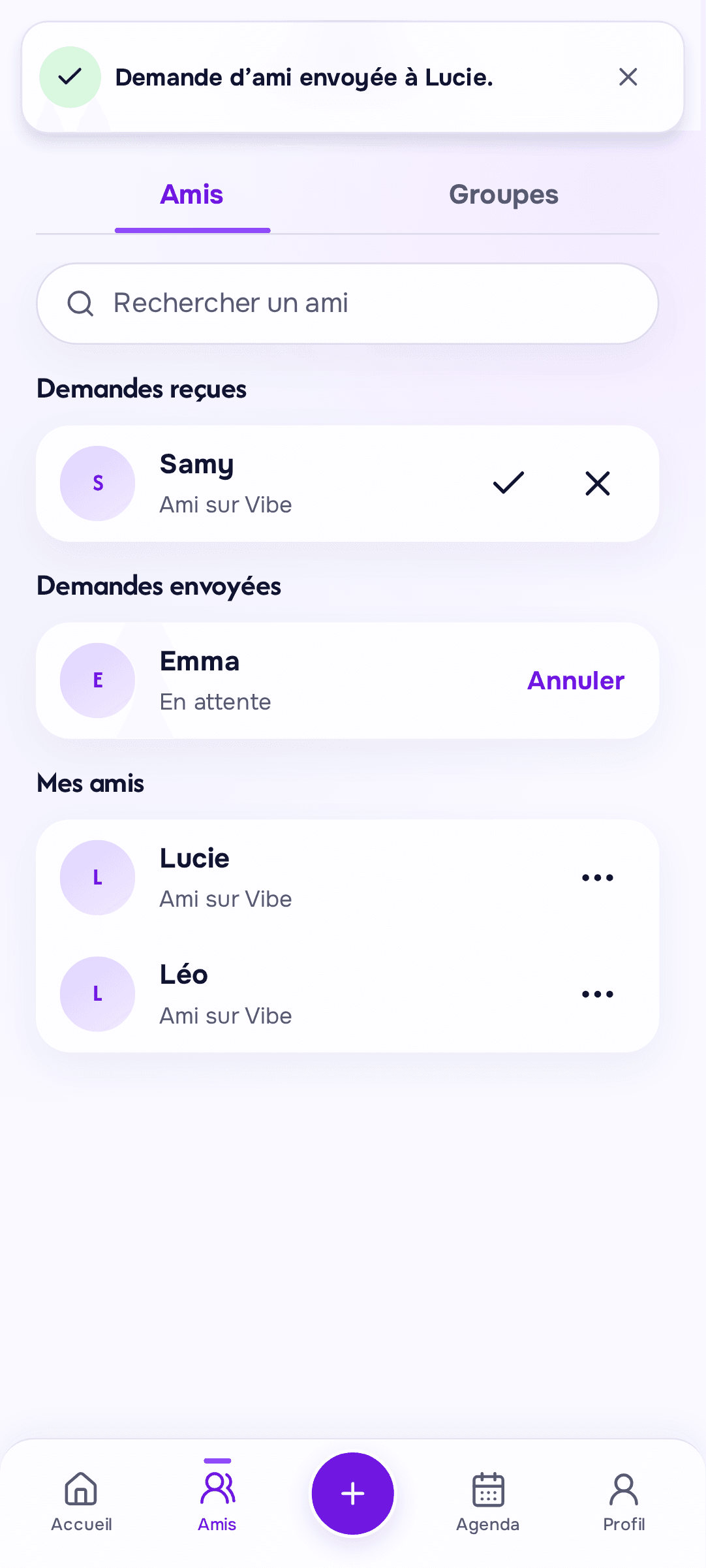 Liste des amis et demandes d’amis dans Vibe.