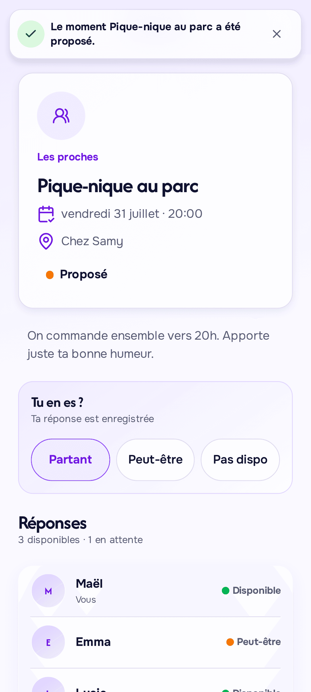 Proposition de sortie et réponses des participants dans Vibe.