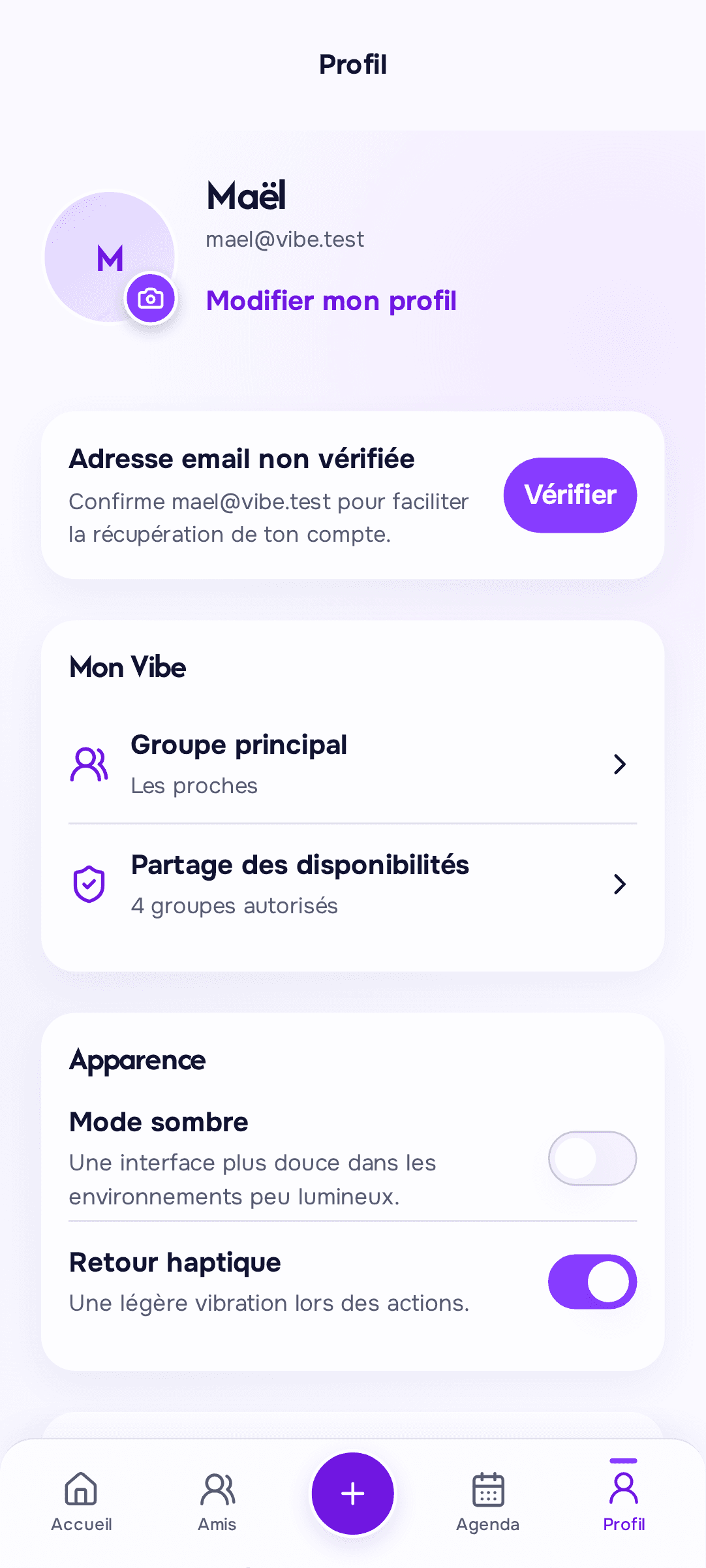 Profil utilisateur et réglages de partage des disponibilités.